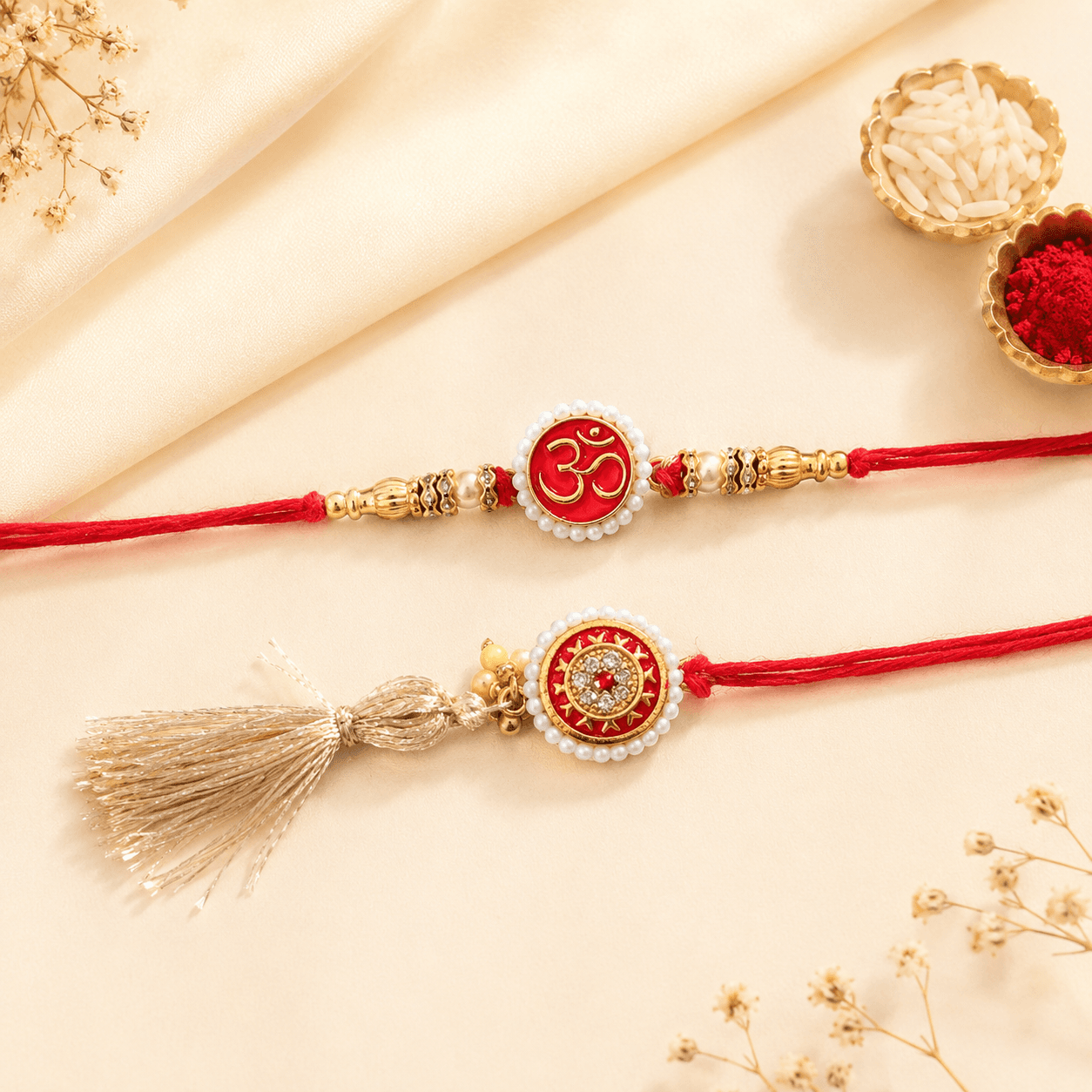 Om & Sunburst Bhaiya-Bhabhi Rakhi Set